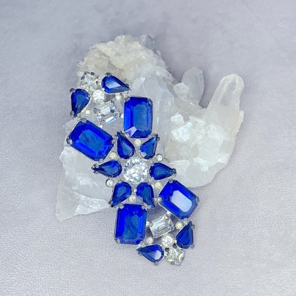 Gorgeous Cobalt Blue and clear Rhinestone Gorgeous Victorian Brooch, Antique - Picture 3 of 3